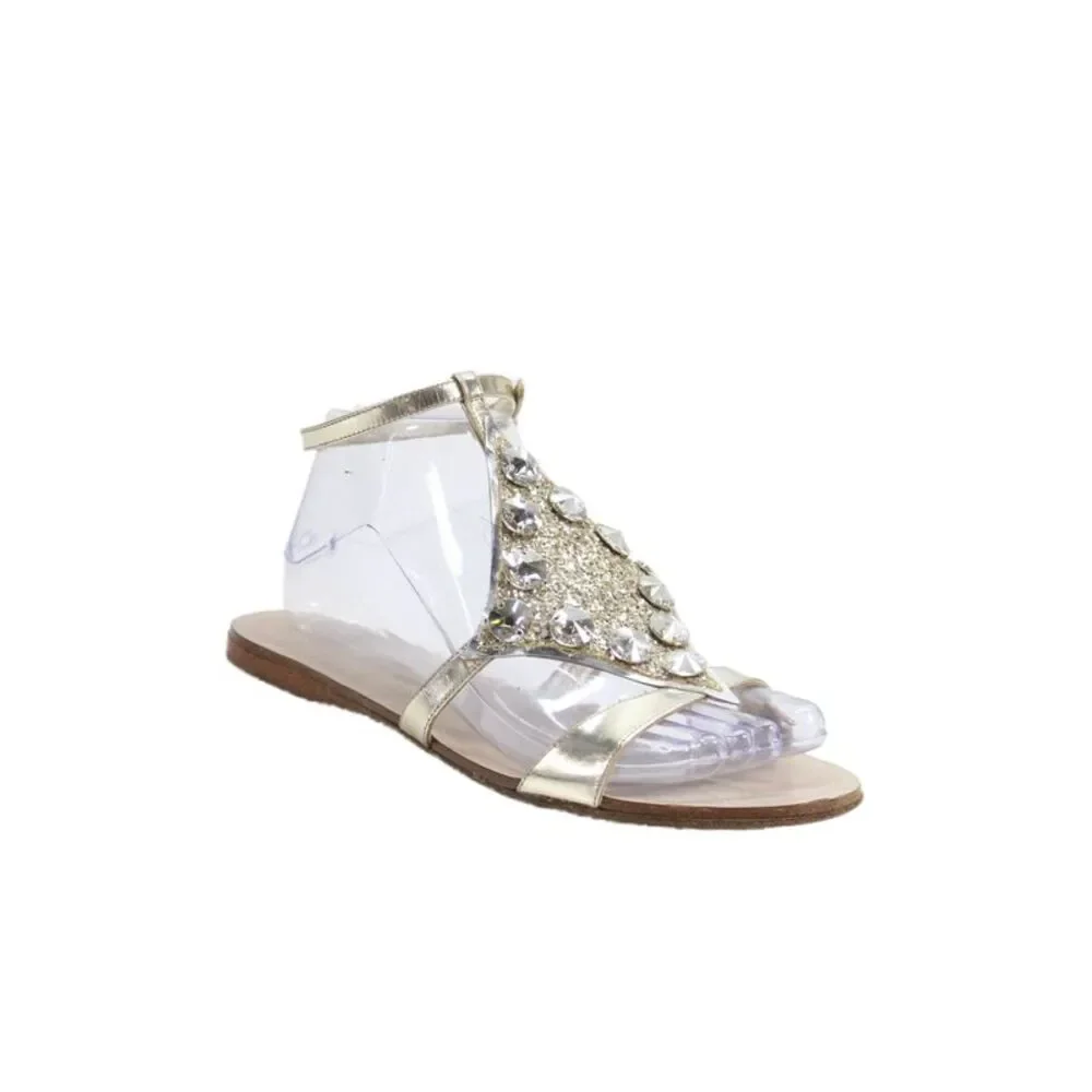Miu Miu Women's Open Toe Rhinestone Embellish Buckle Flat Sandals Gold Size 38